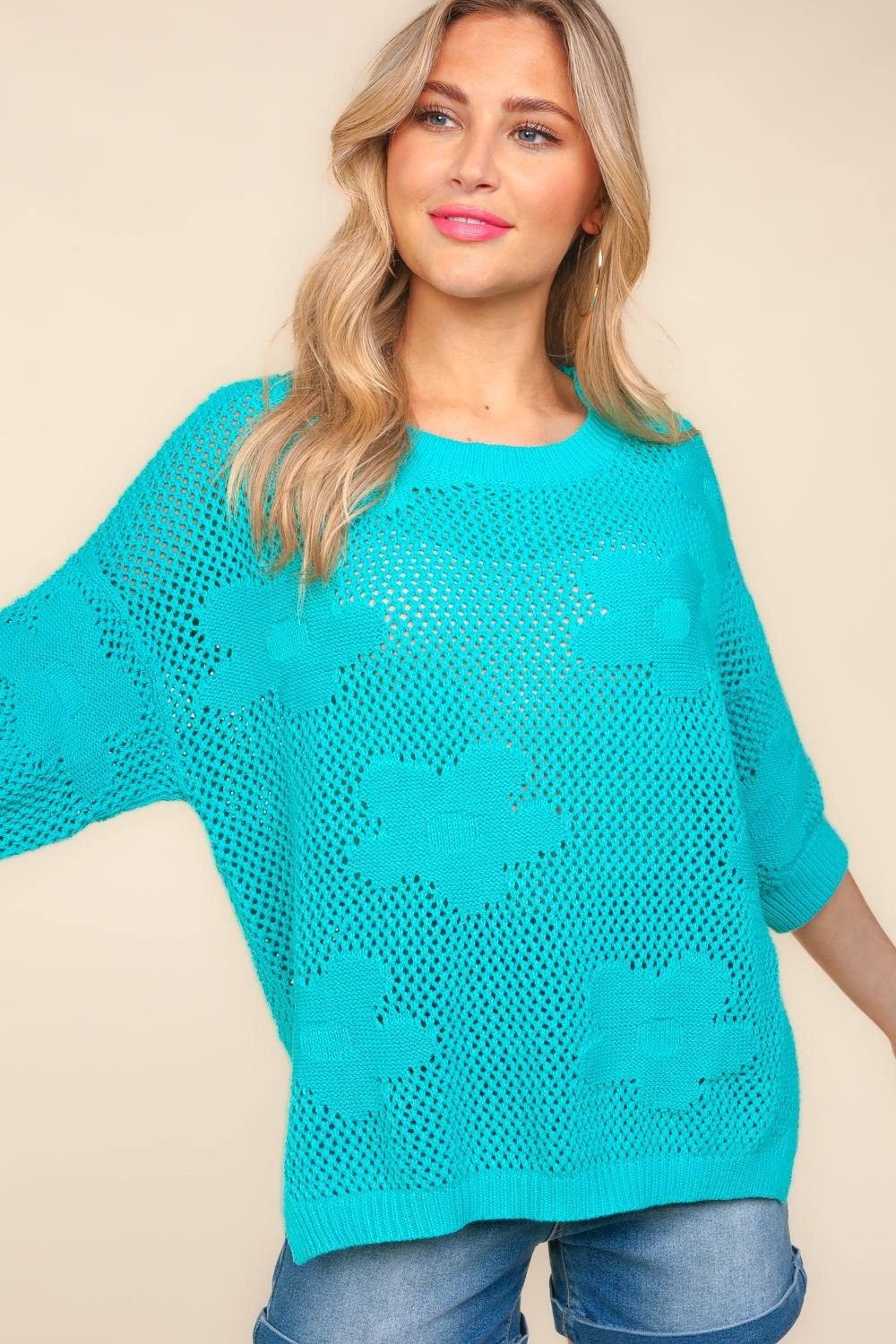 Haptics Floral Crochet Sweater Knit Western Top — Oversized 3/4 Sleeve with Side Slit Detail