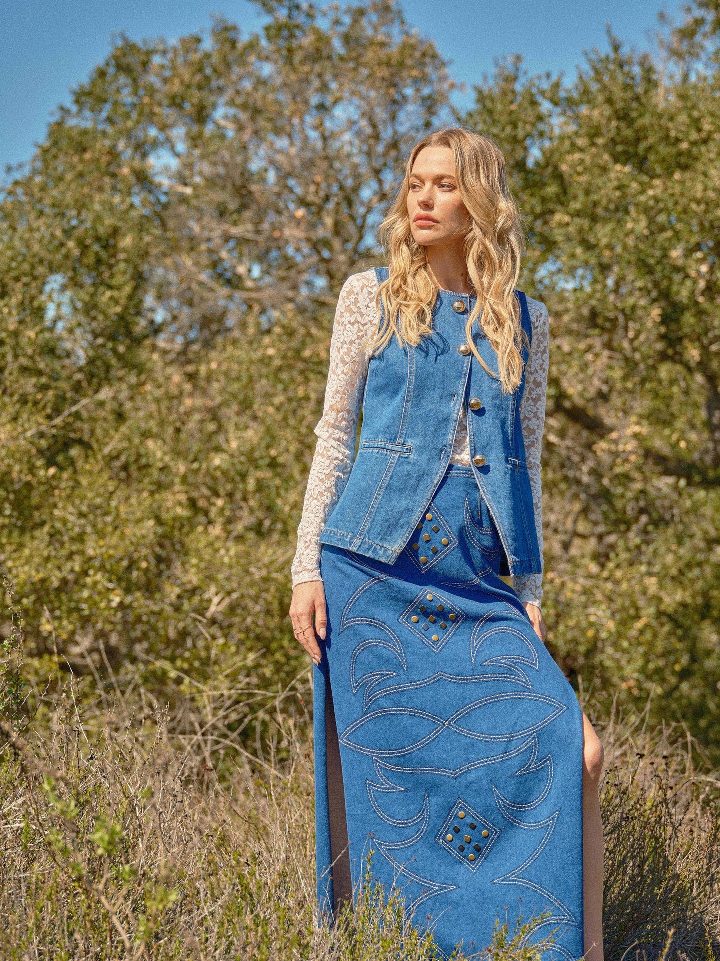 Blue B "Gold Rush" Button Denim Western Vest — Medium-Wash with Gold Shank Buttons & Side Welt Pockets