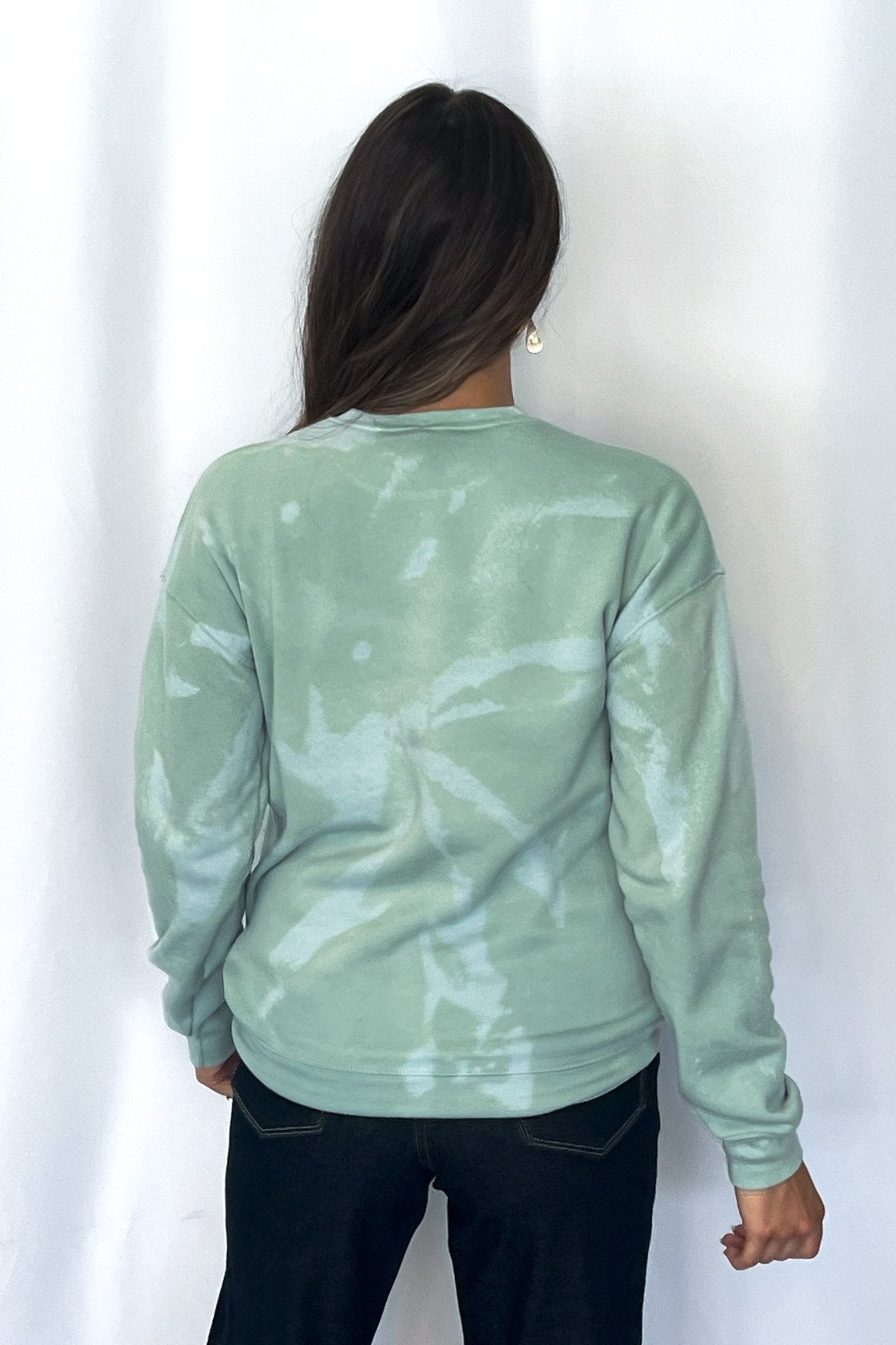 Crazy Consuela "Gold Sequin Horse" Bleached Western Sweatshirt — Bella + Canvas Aqua Sky Background with Cowboy Patch