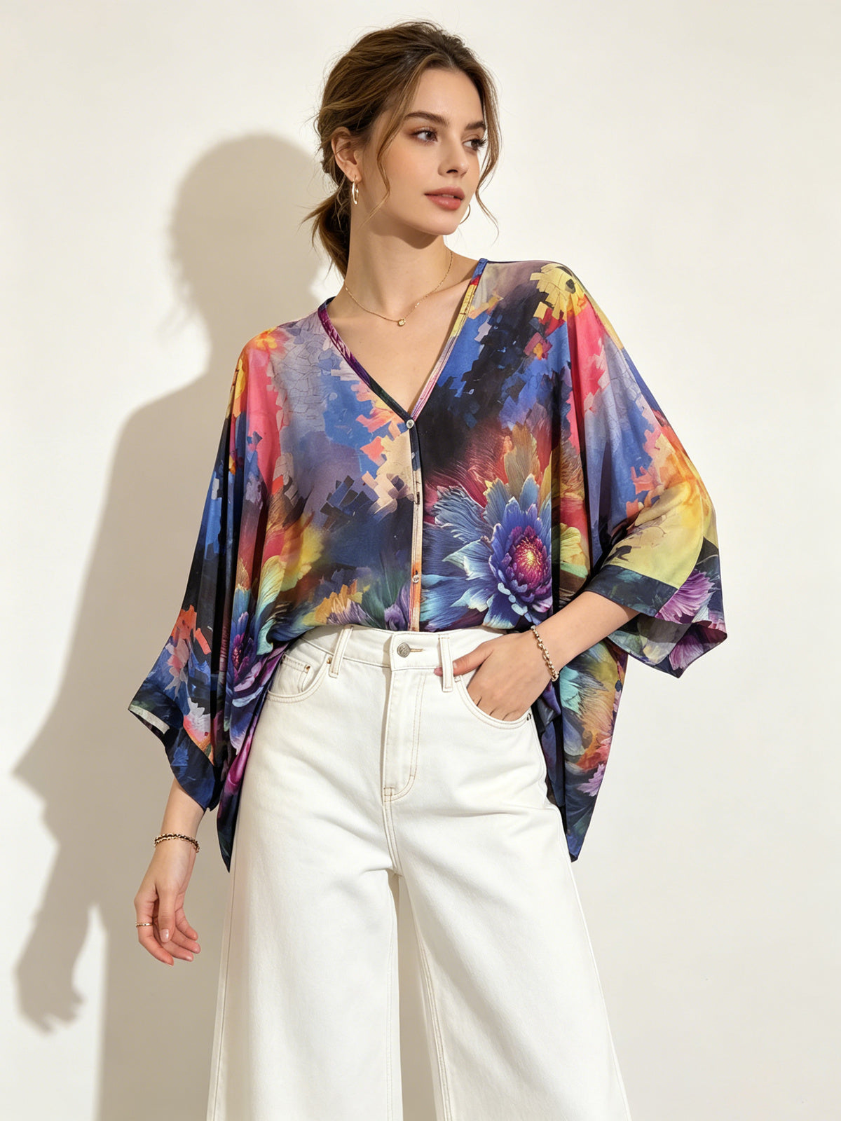 SO1 Italian LUXE Bright Floral Summer Blouse One Size Regular and Plus