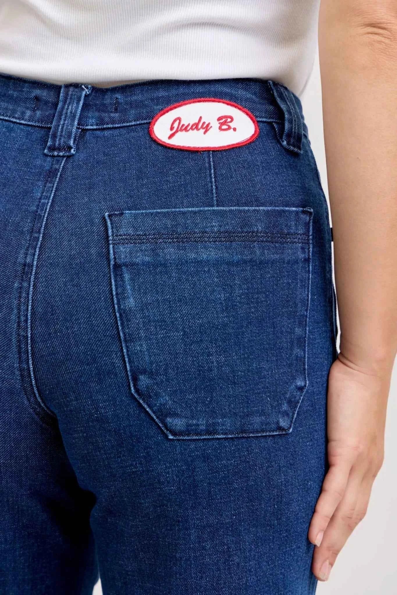High-Waisted Retro Wide Jeans with Patch Pkts & Twisted Seams by Judy Blue