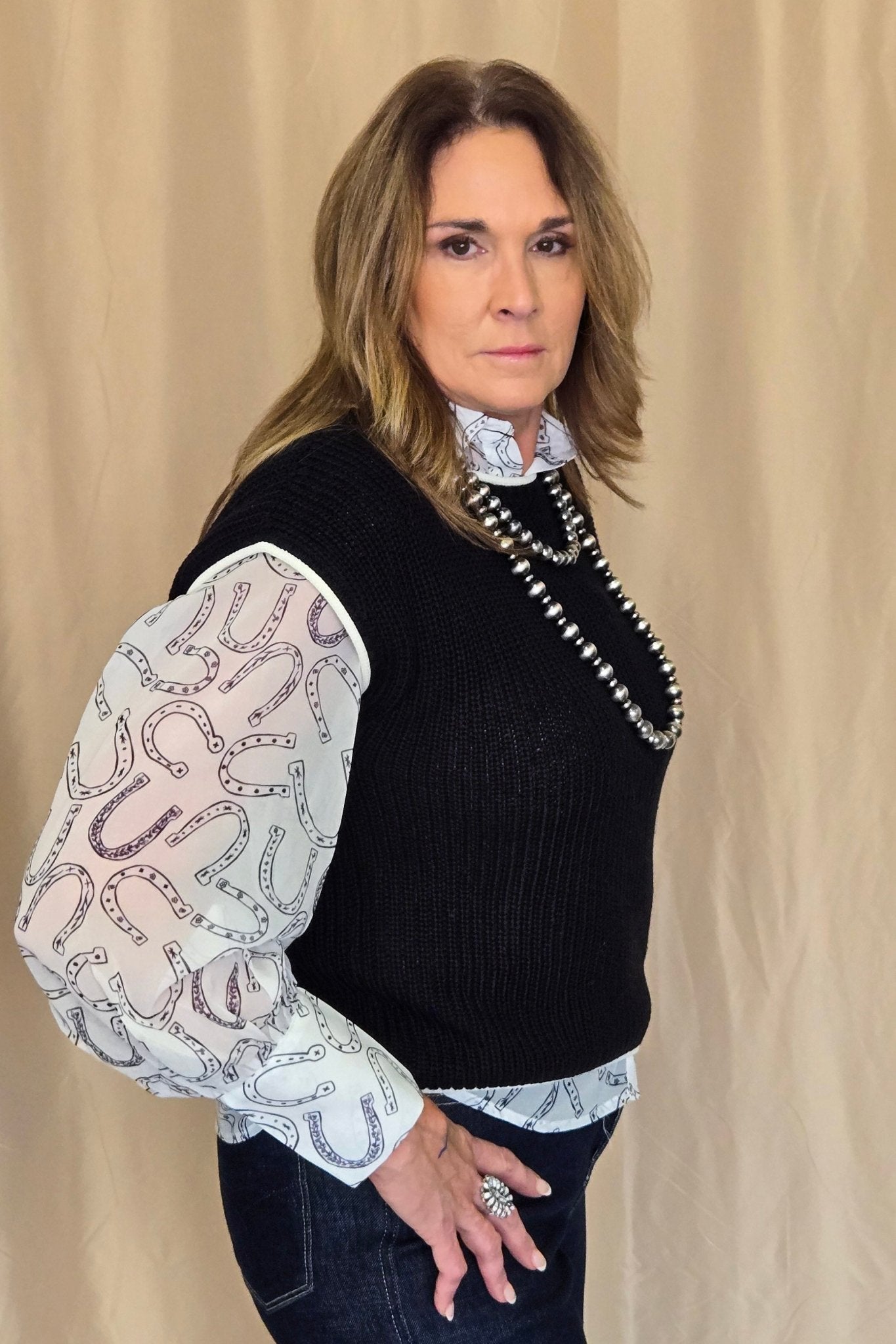 Turquoise Haven Sheer Chiffon Horseshoe Print Western Blouse — Black & White Lightweight Layering Top (Small and Large remaining)