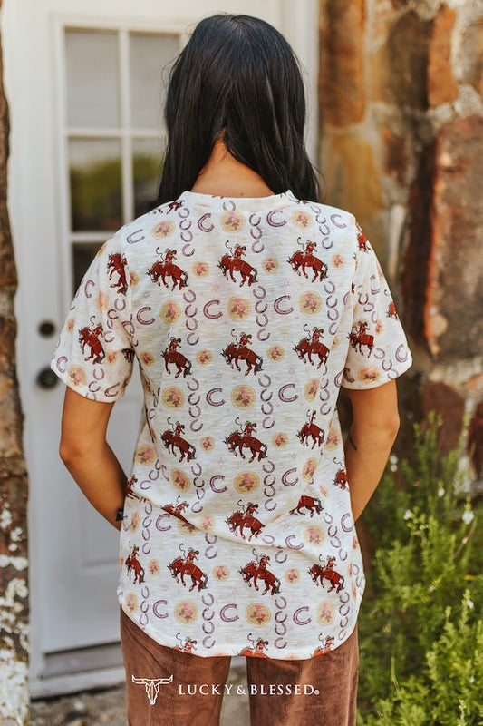 Vintage Rodeo Cowboy & Horseshoe All-Over Print Western Pocket Tee — Ivory Knit Premium Western Staple
