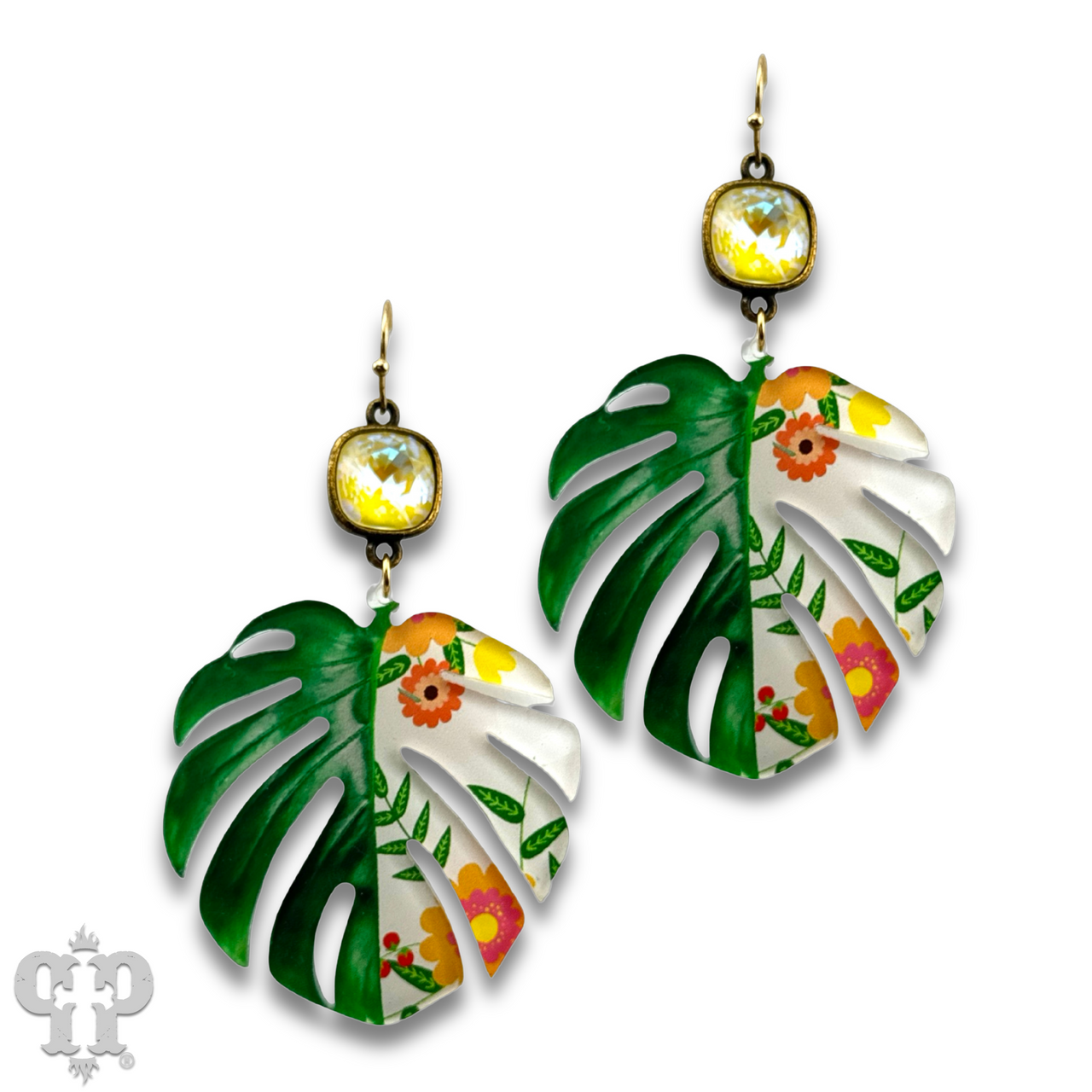 Green leaf earring with Austrian crystal earring - LC