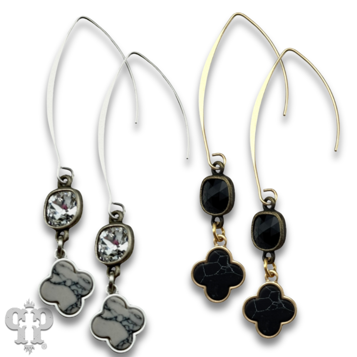 Petite clover charm long earring with Austrian crystal - last call