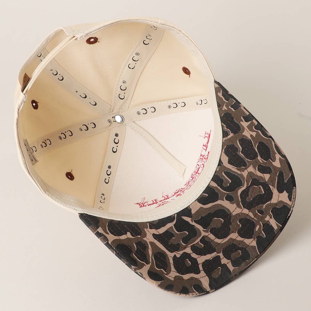 "Literally Just a Cowgirl" Leopard Brim Trucker Hat — Cream Front with Bold Embroidery (Multiple Thread Colors)