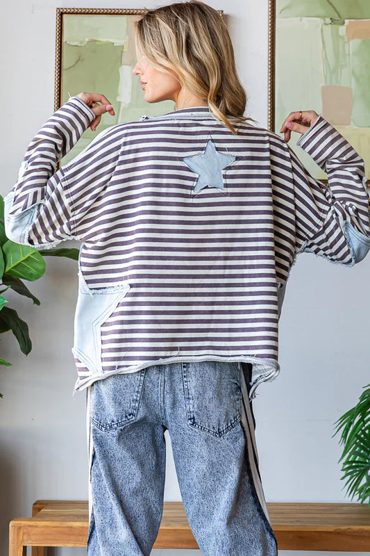 OH5 OLI & HALI STAR PATCHWORK STRIPED DROP SHOULDER TOP