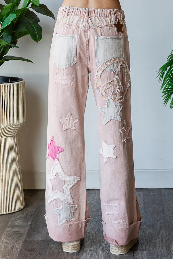 OH2 OLI & HALI PINK WASHED STAR PATCHWORK DETAIL DENIM