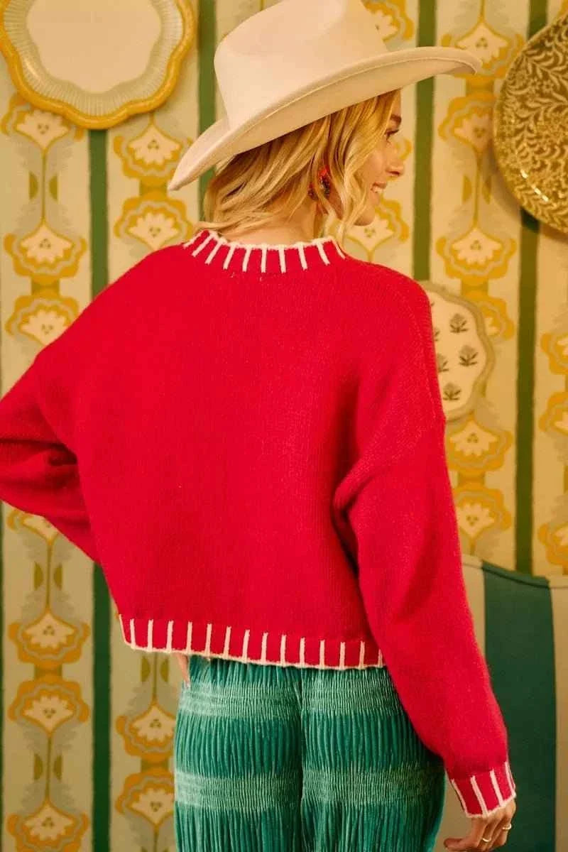 Red Christmas Theme Sequin Lettering Sweater by BiBi