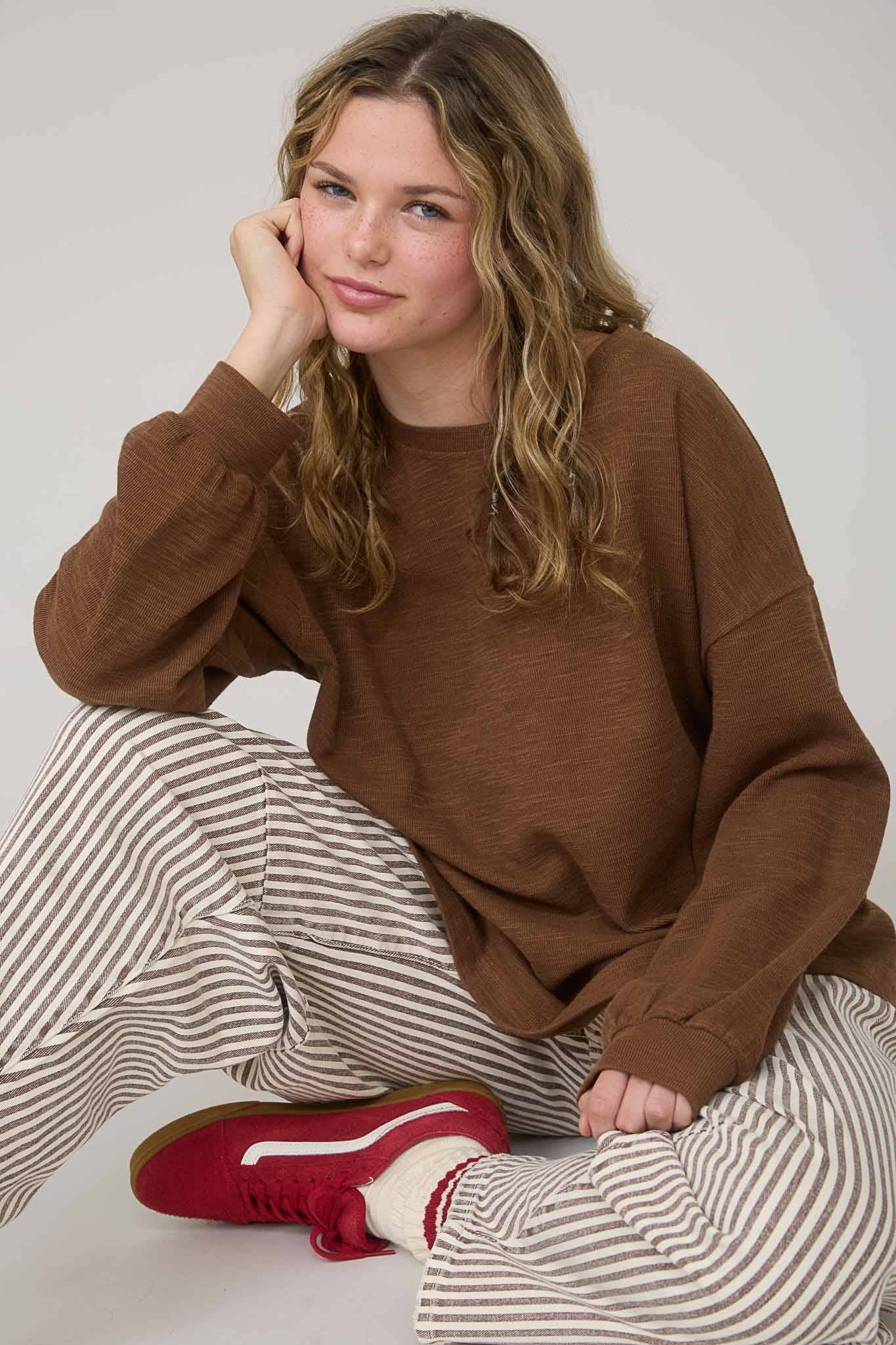 Blu Pepper "Round Up" Western Raw Edge Marled Knit Top — Soft Cotton Blend (Brown or Oatmeal)