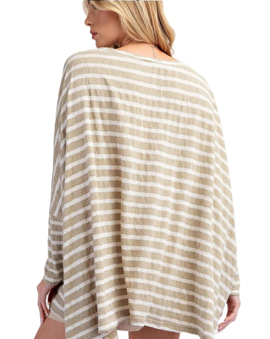 Easel Faded Sage and White Oversized Stripe Top Plus Size