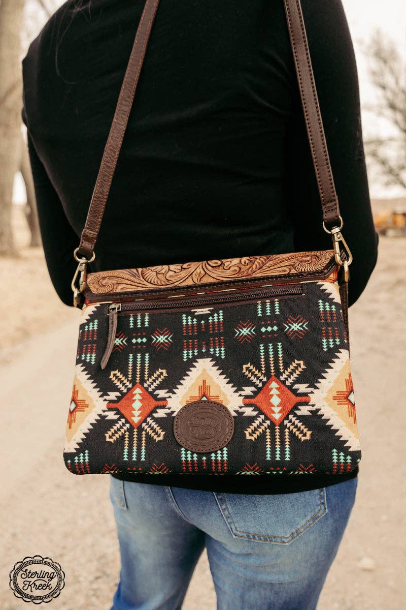 Sterling Kreek "South Point" Tooled Real Leather Crossbody Bag — Black Aztec Western Statement