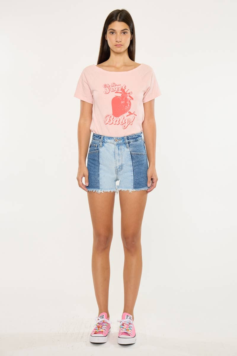 Kan Can Two-Tone Color Block Ultra High-Rise Western Denim Shorts — 11" Rise with Raw Frayed Hem - medium and larges remain