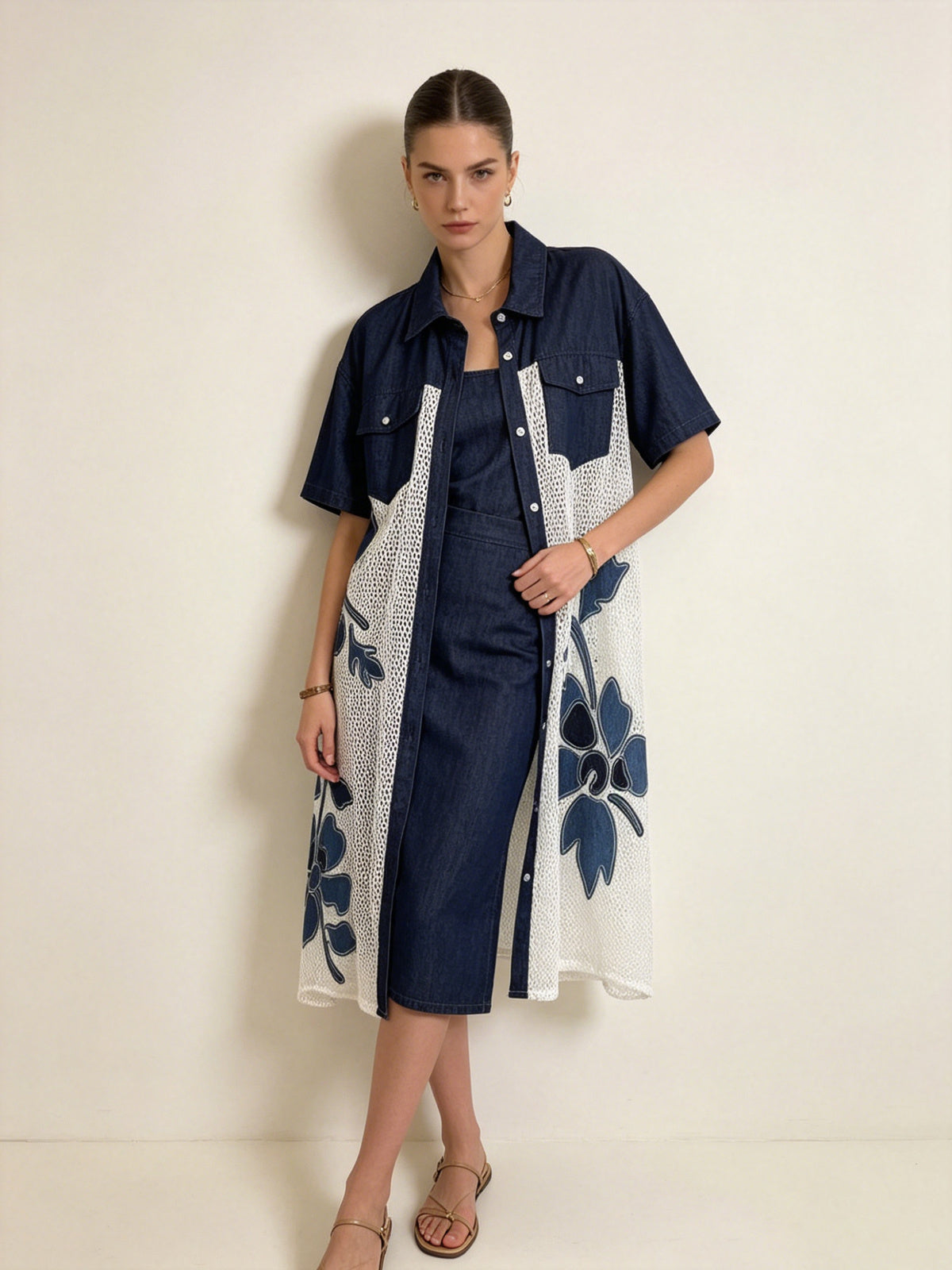 SO2 Italian Plus-size Denim Mesh Shirt Dress with Floral Patches