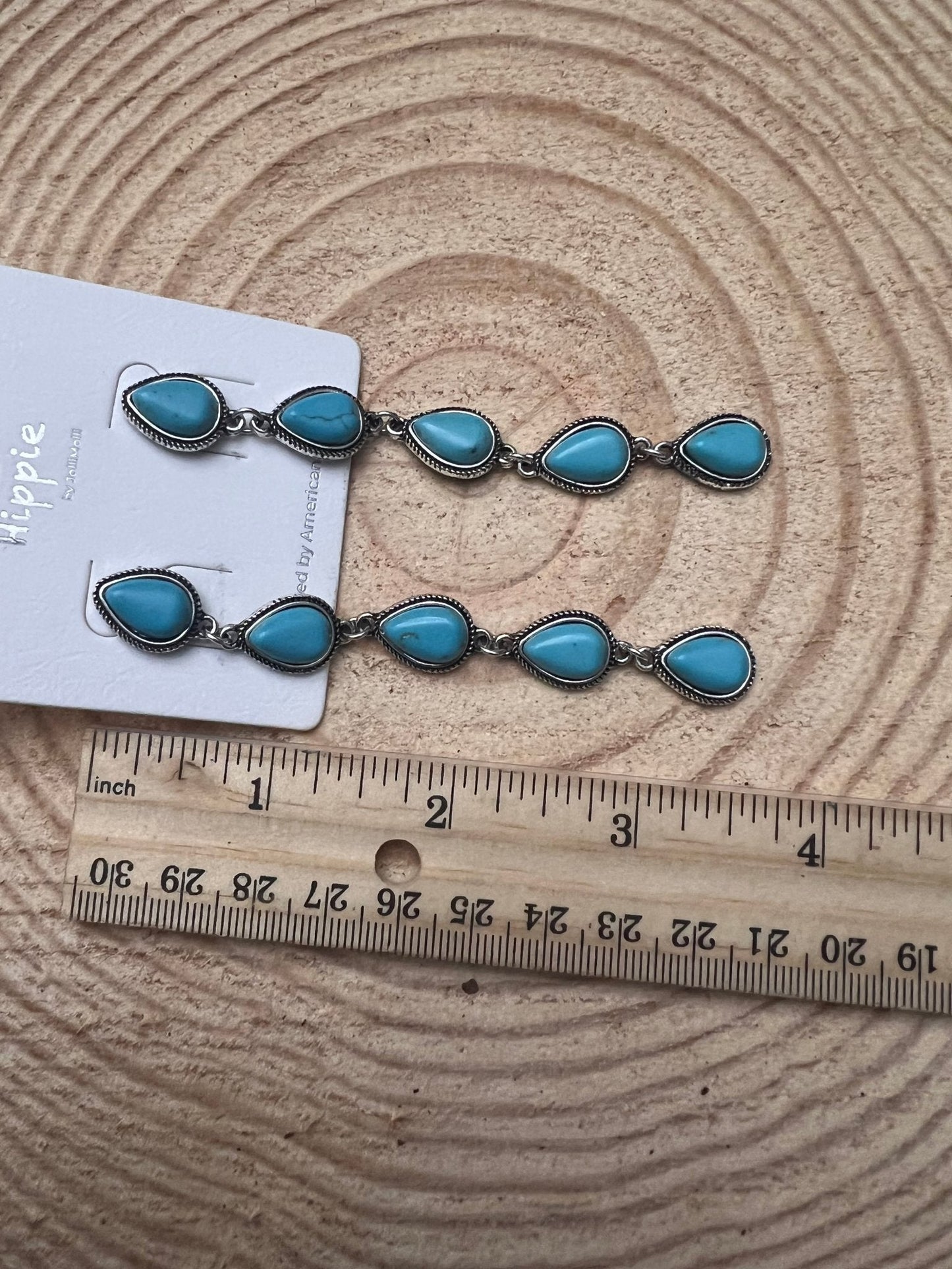 Western 5-Teardrop Faux Turquoise Dangle Earrings — Bold 3½" Statement Drop