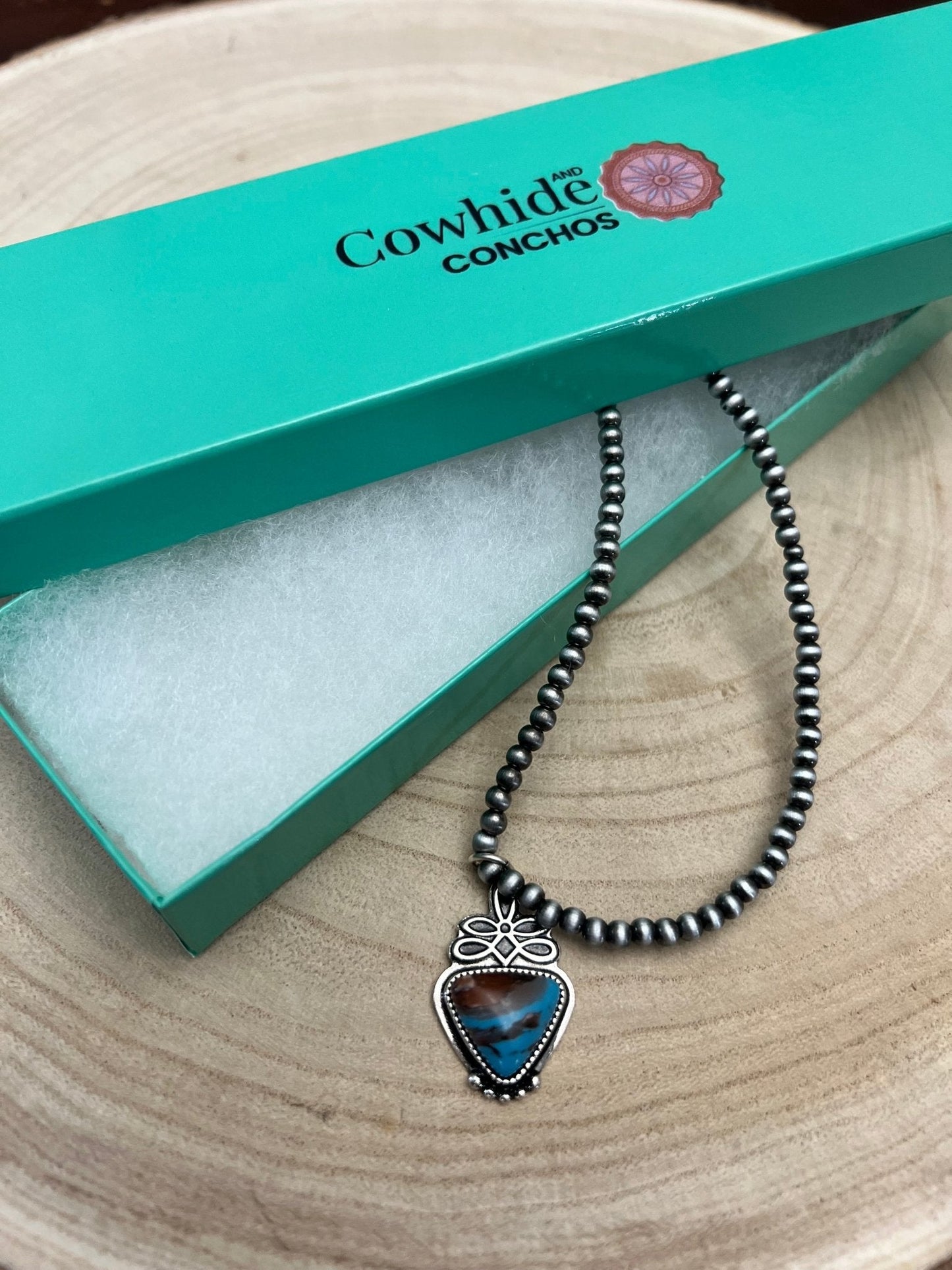 Western Boot Stitch Pendant Pearl Necklace with Faux Turquoise — 18 Inch
