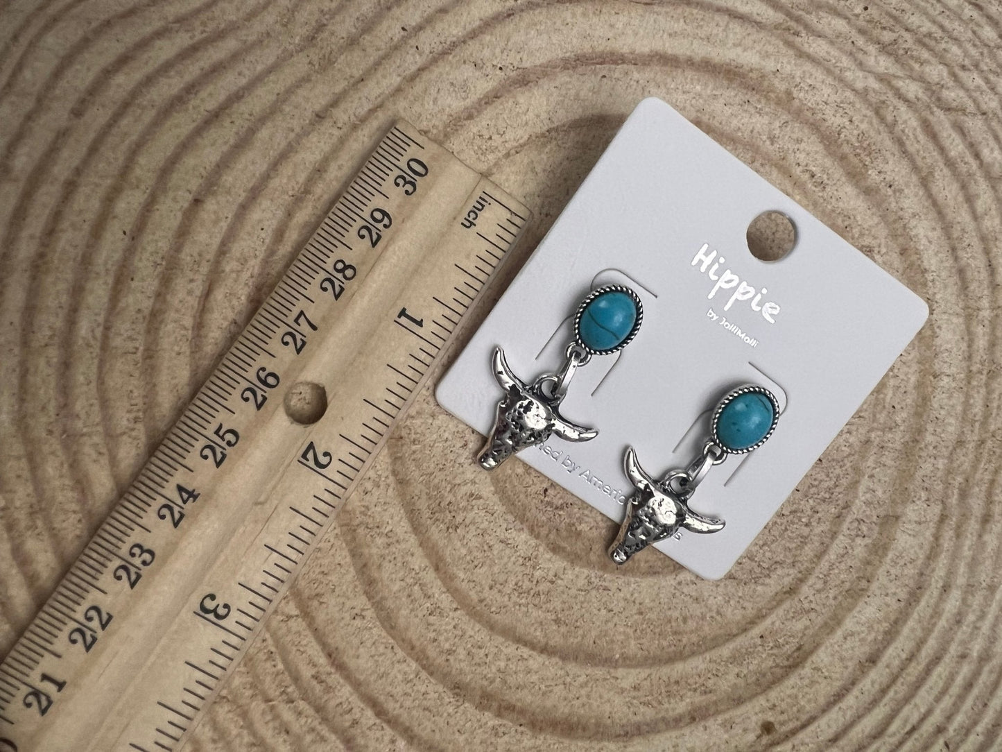 Western Bull Skull Dangle Earrings with Faux Turquoise — 1½" Drop
