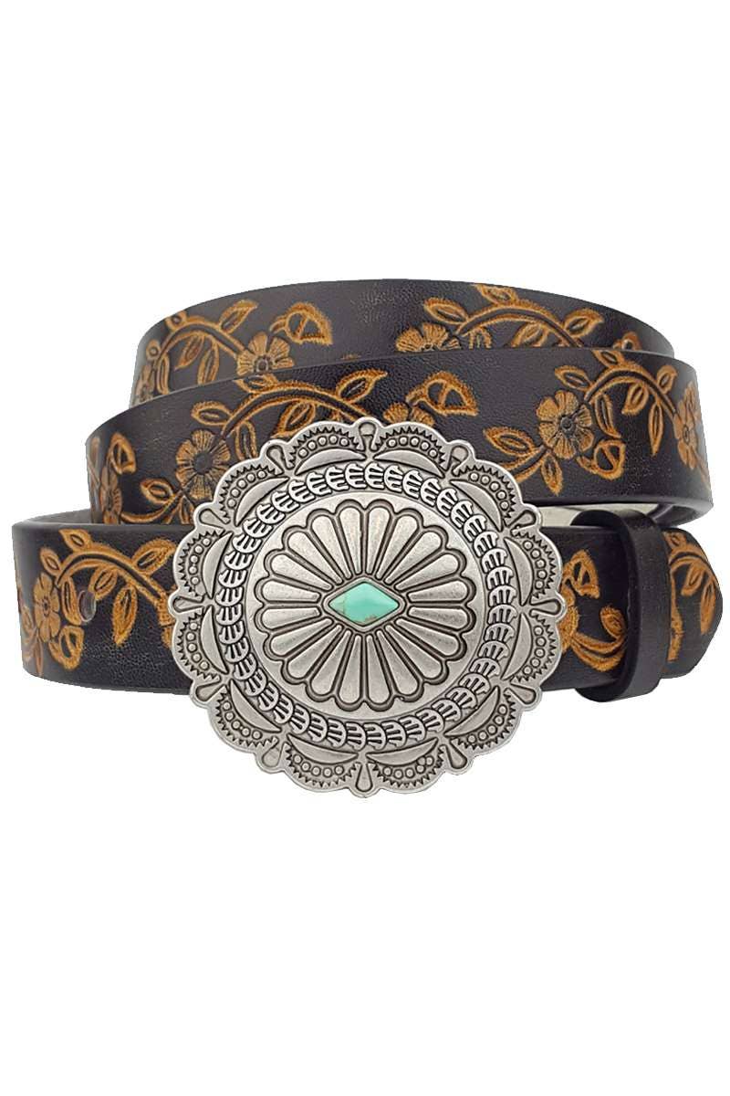 Western Concho Buckle Belt — Hand-Painted Leather with Faux Turquoise Center