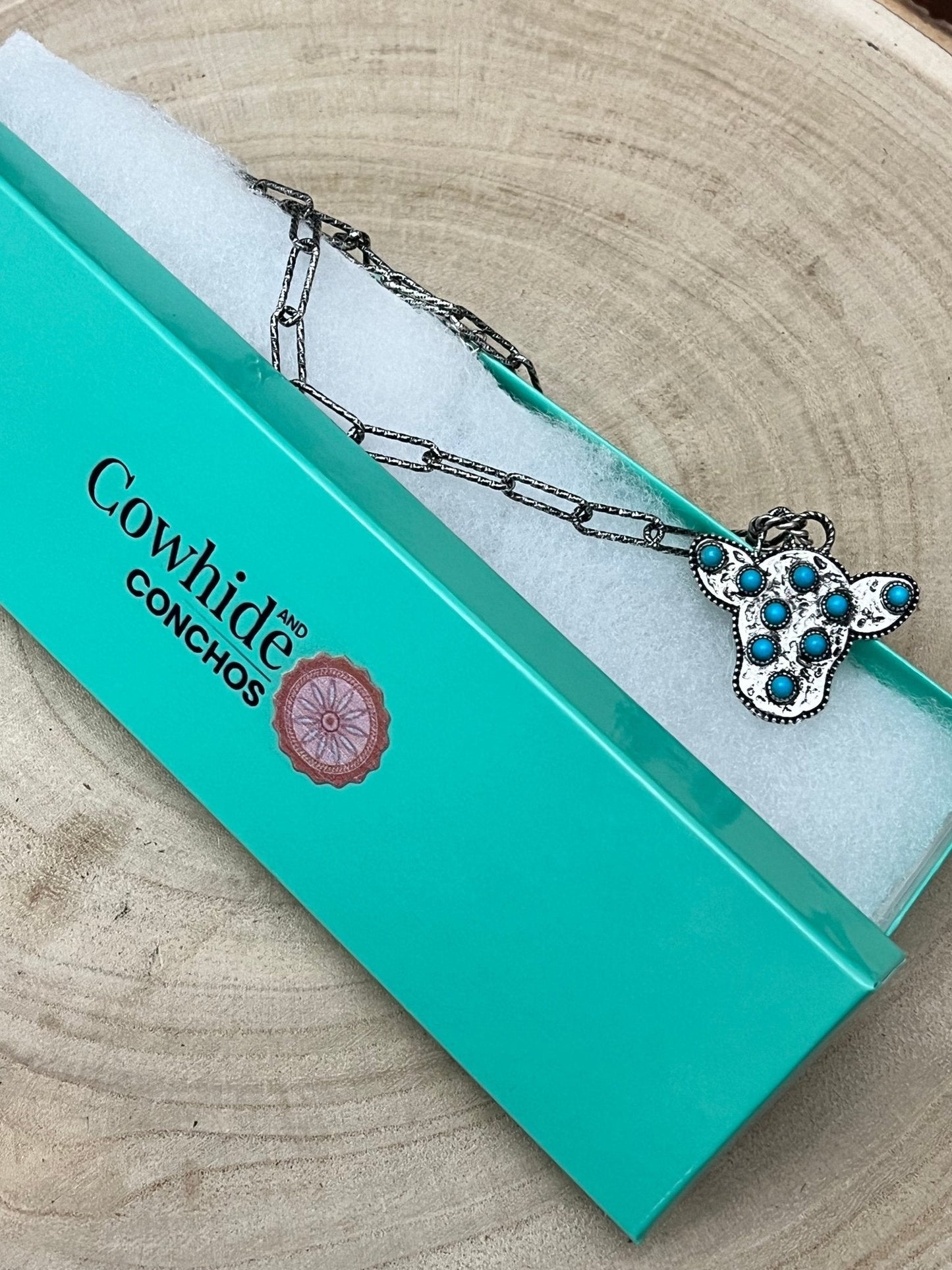Western Cow Head Pendant Necklace with Faux Turquoise — 18 Inch