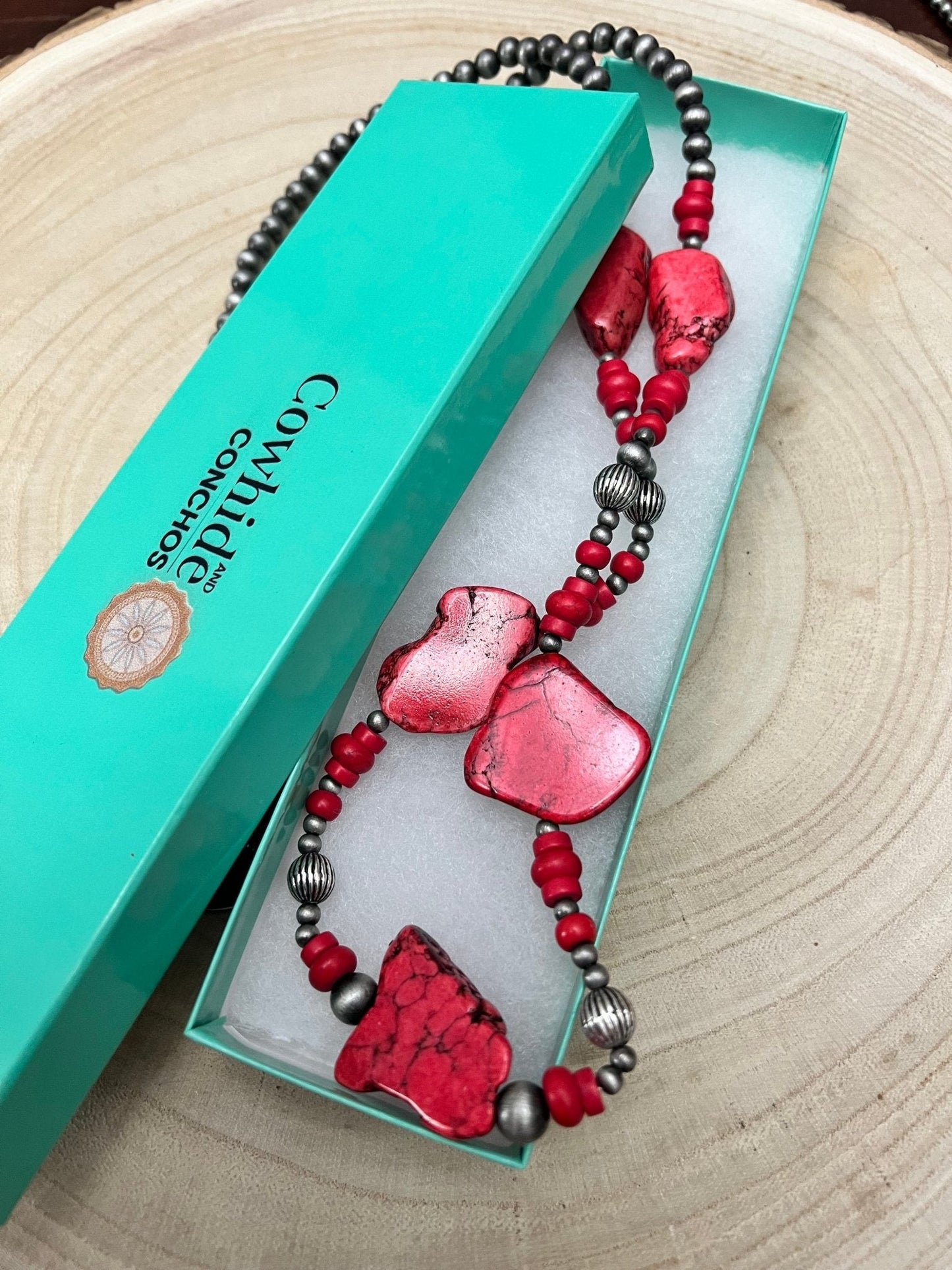 Western Faux Pearl Statement Necklace with Red Stone Centerpiece — 32 Inch Statement