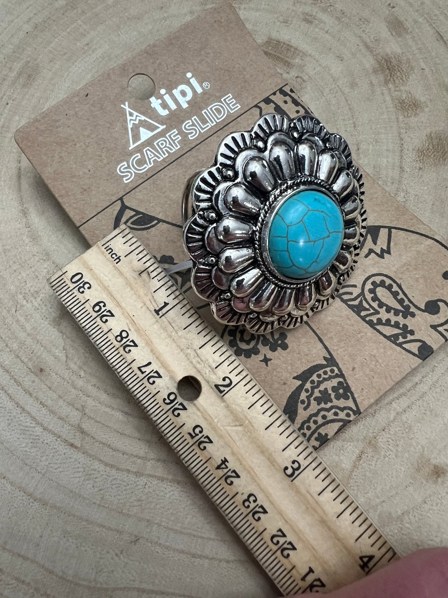 Faux Turquoise Concho Western Scarf Slide — 2" Vintage Silver with Lead/Nickel-Free Comfort