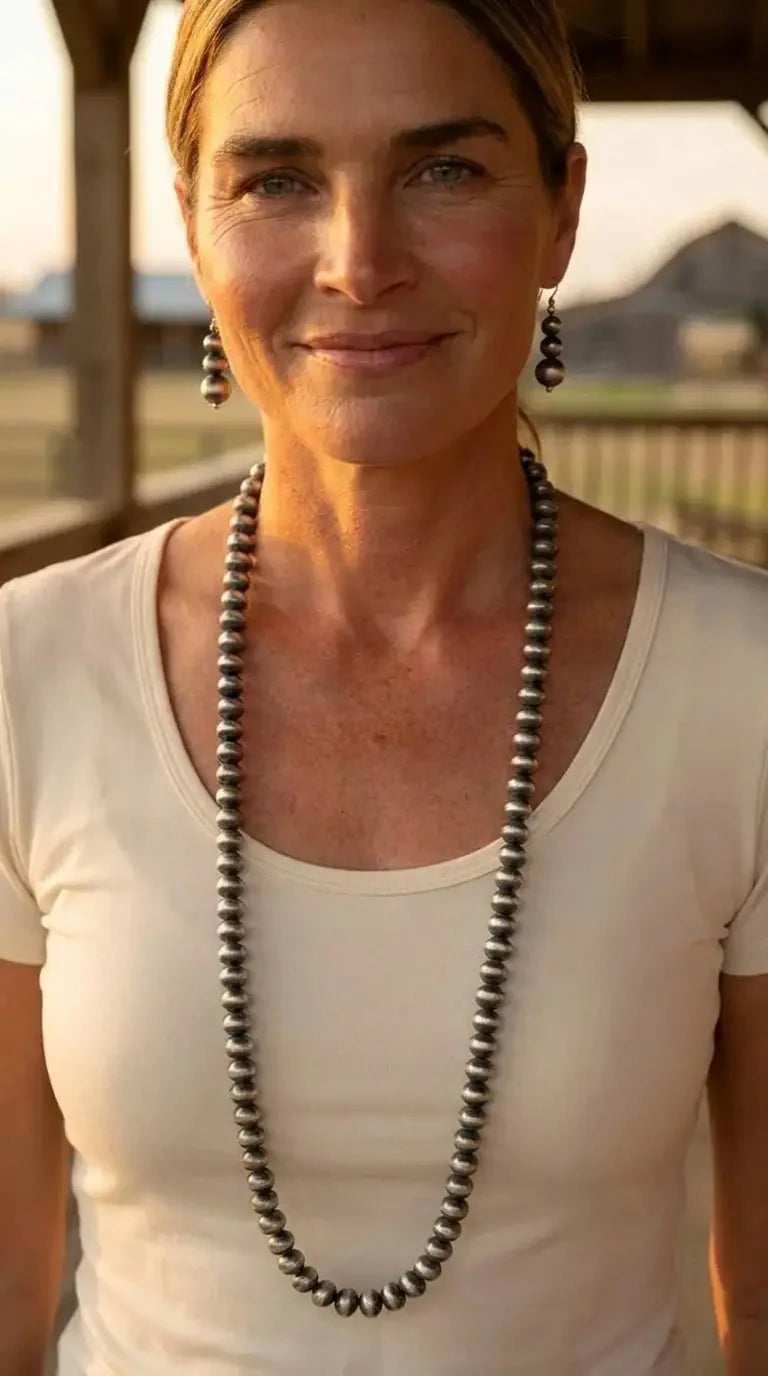 Western Navajo-Style Pearl Necklace & Earring Set — 48 Inch Burnished Silver