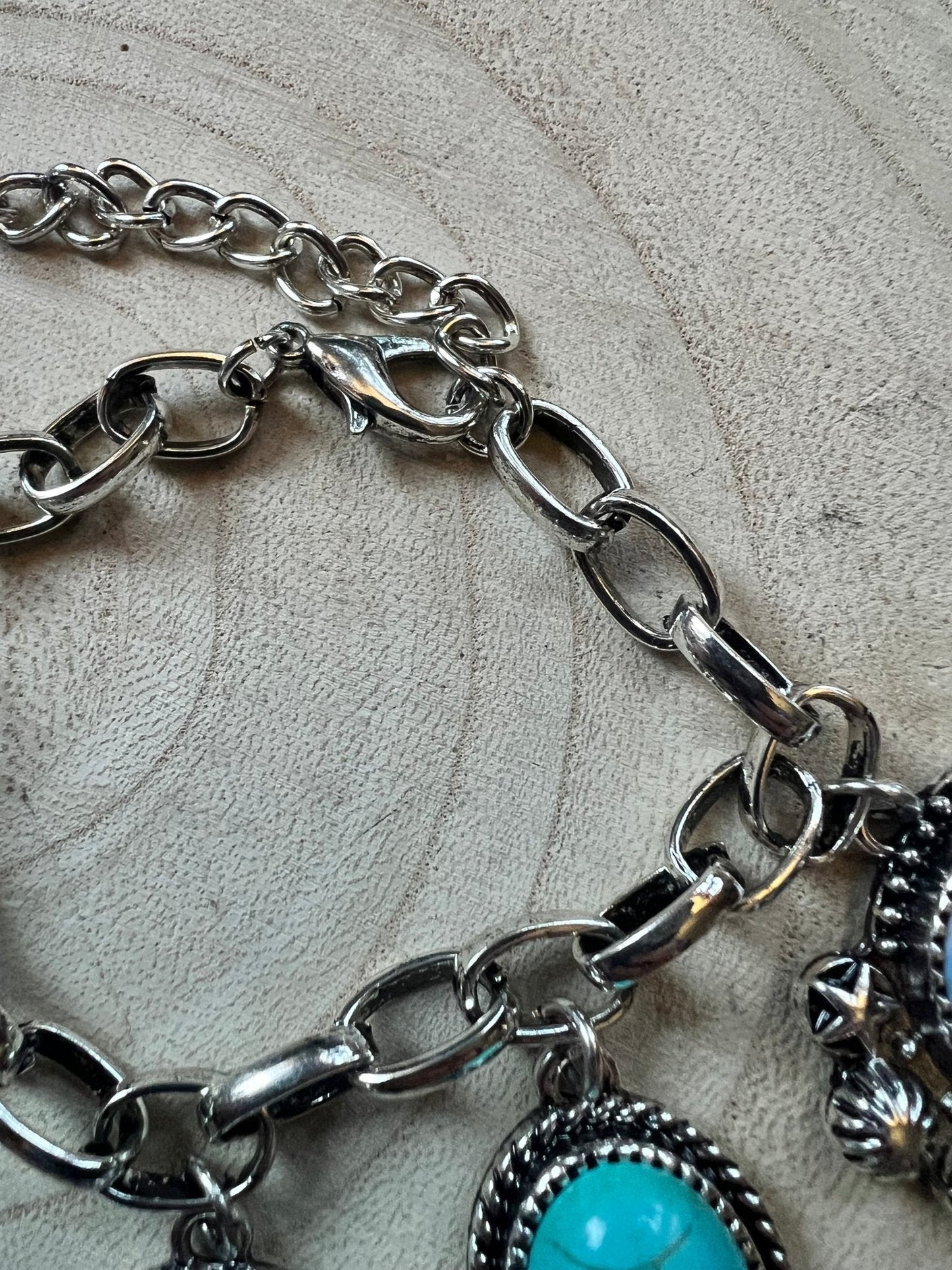 Western Rodeo Charm Bracelet — Bull Rider & Bronc Pendants with Faux Turquoise