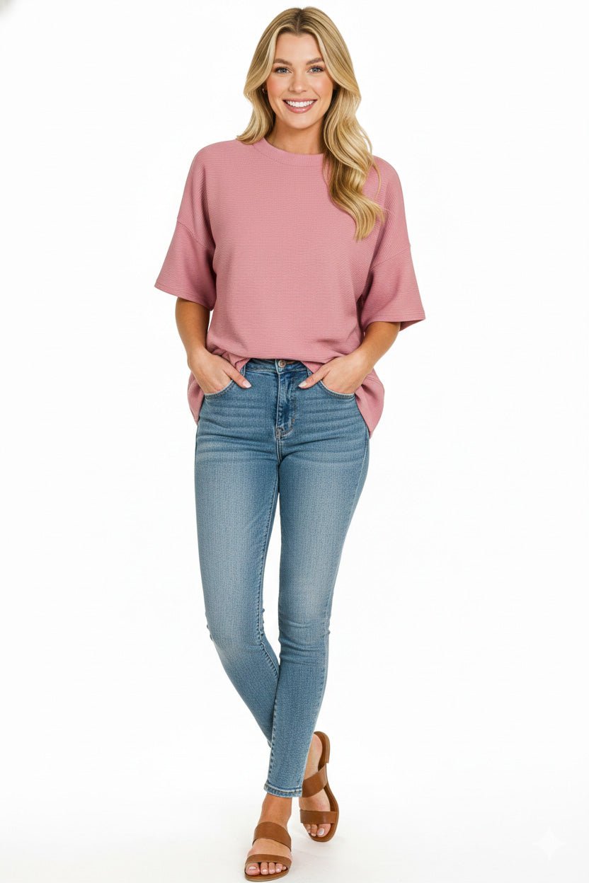 Light Rose Ribbed Round Neck Waist Banded T-Shirt By Zenana