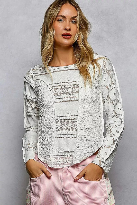 Off White Round Neck Long Sleeve Exposed Seam Top with Lace Detail by POL