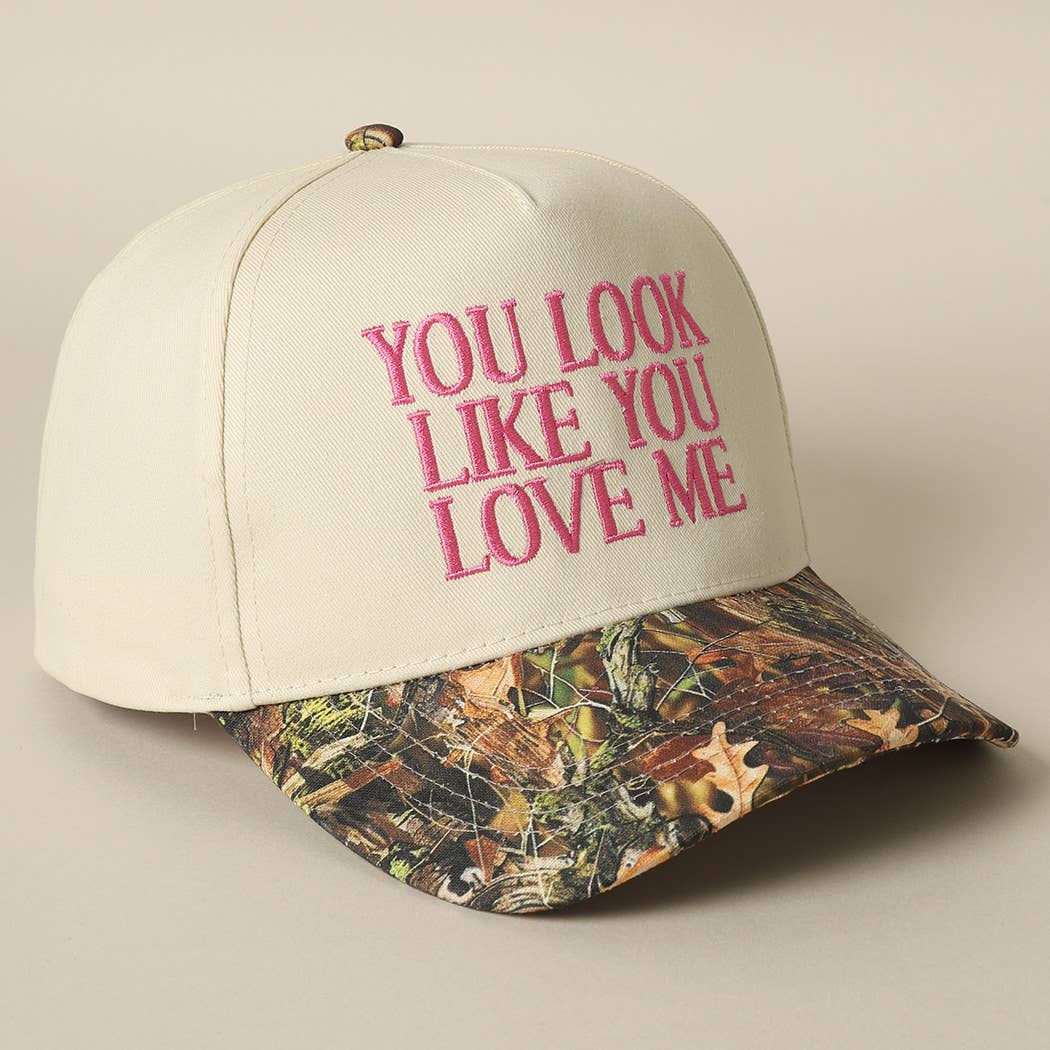 "You Look Like You Love Me" Embroidered Camo Trucker Hat — Cheeky Statement with Adjustable Snapback