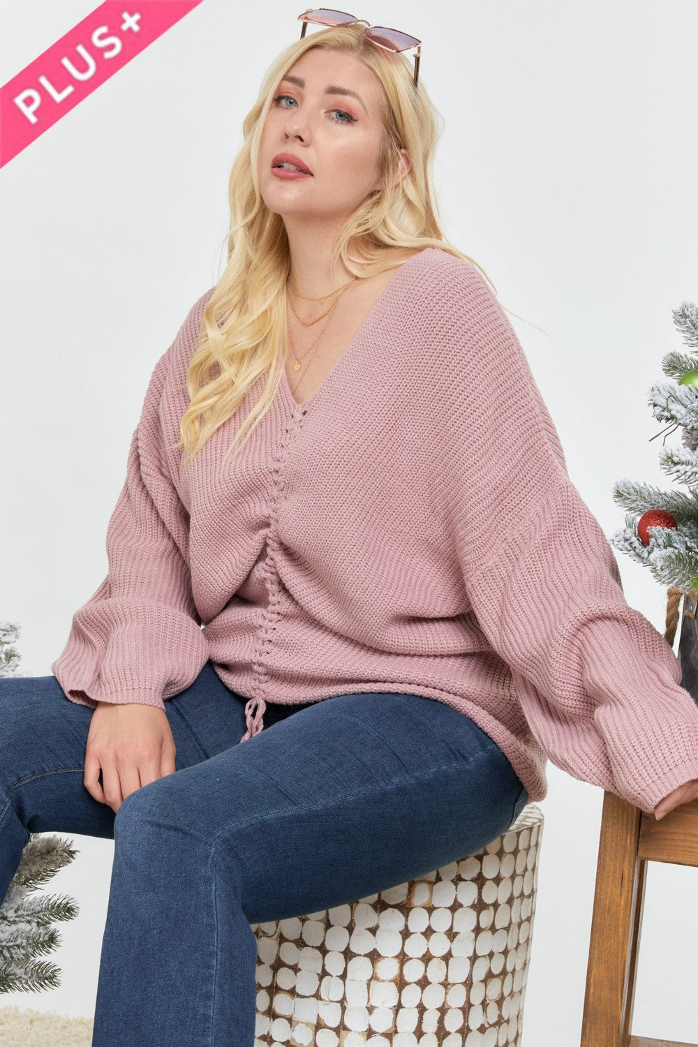 Davi & Dani Mauve Ruched Front V-Neck Knit Sweater in Plus