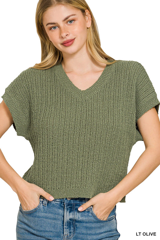 Zenana Textured Knit V-Neck Cropped Sweater