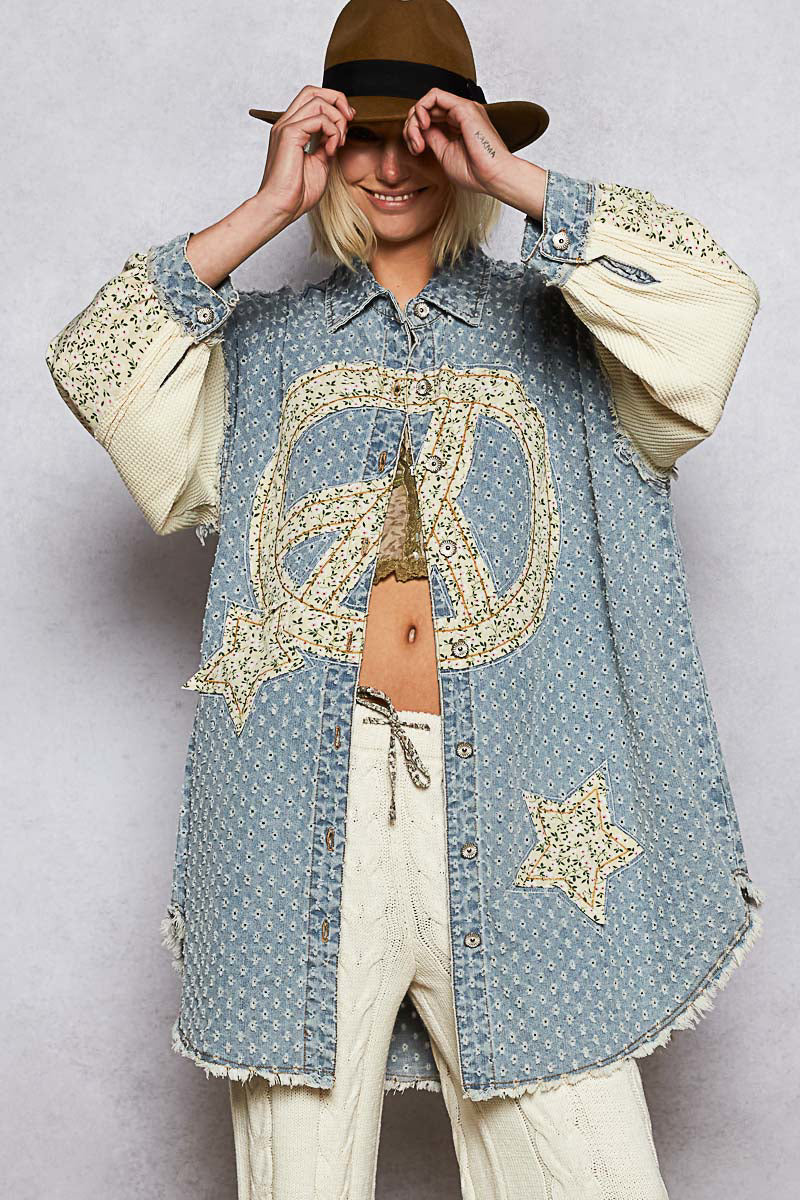 P46 POL PEACE & STAR LONG DENIM DUSTER CARDIGAN DRESS