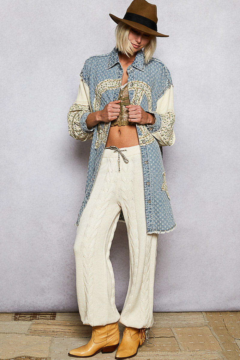 P46 POL PEACE & STAR LONG DENIM DUSTER CARDIGAN DRESS