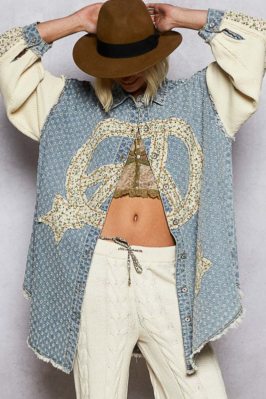 P46 POL PEACE & STAR LONG DENIM DUSTER CARDIGAN DRESS
