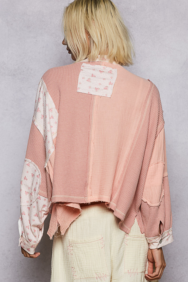 P30 POL Pink Round Neck Peace Patch Floral Oversized Fit Knit Top