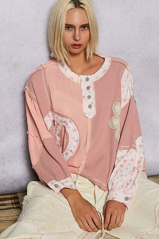 P30 POL Pink Round Neck Peace Patch Floral Oversized Fit Knit Top