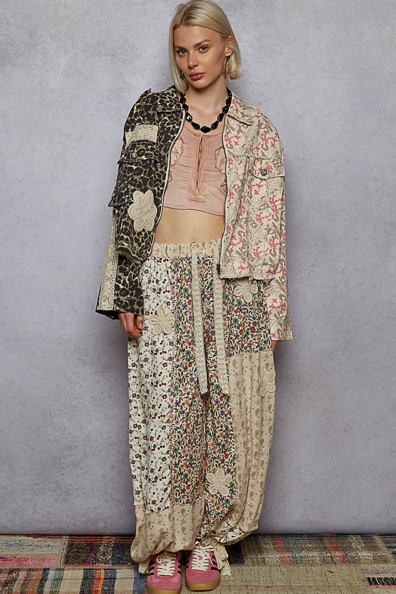 P25 POL Half and Half Leopard Floral Denim Flower Patch Jacket