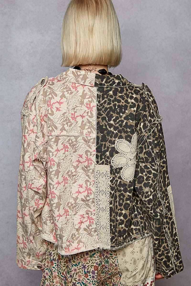 P25 POL Half and Half Leopard Floral Denim Flower Patch Jacket