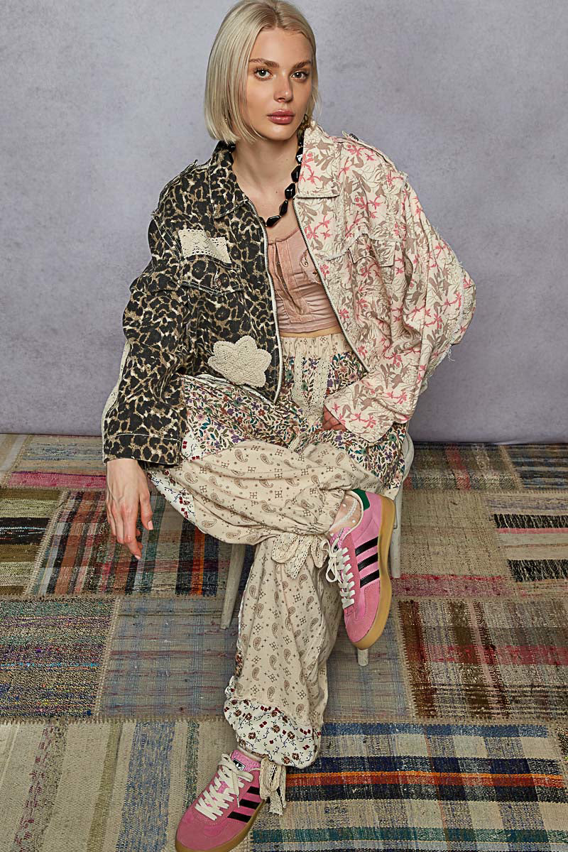 P25 POL Half and Half Leopard Floral Denim Flower Patch Jacket