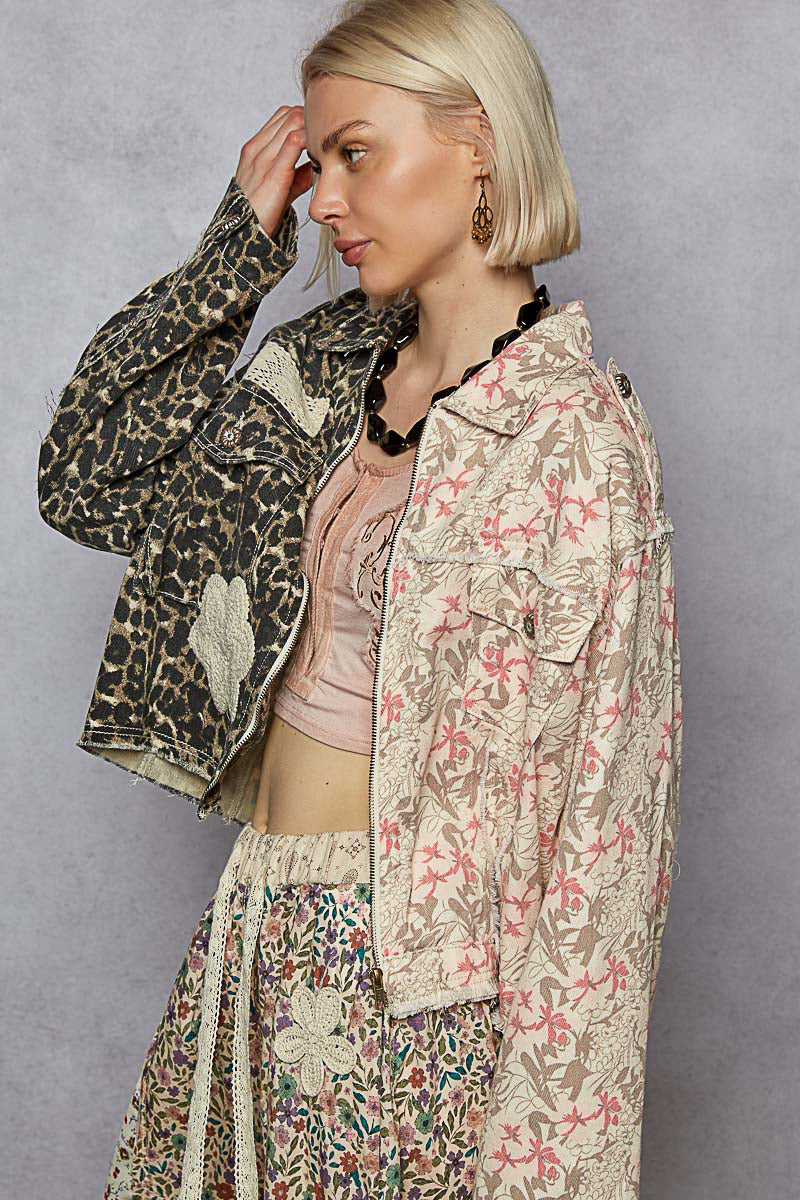 P25 POL Half and Half Leopard Floral Denim Flower Patch Jacket