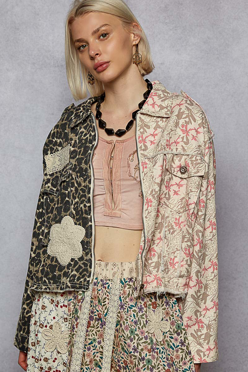 P25 POL Half and Half Leopard Floral Denim Flower Patch Jacket
