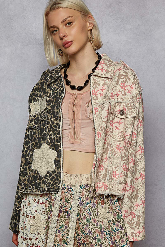 P25 POL Half and Half Leopard Floral Denim Flower Patch Jacket