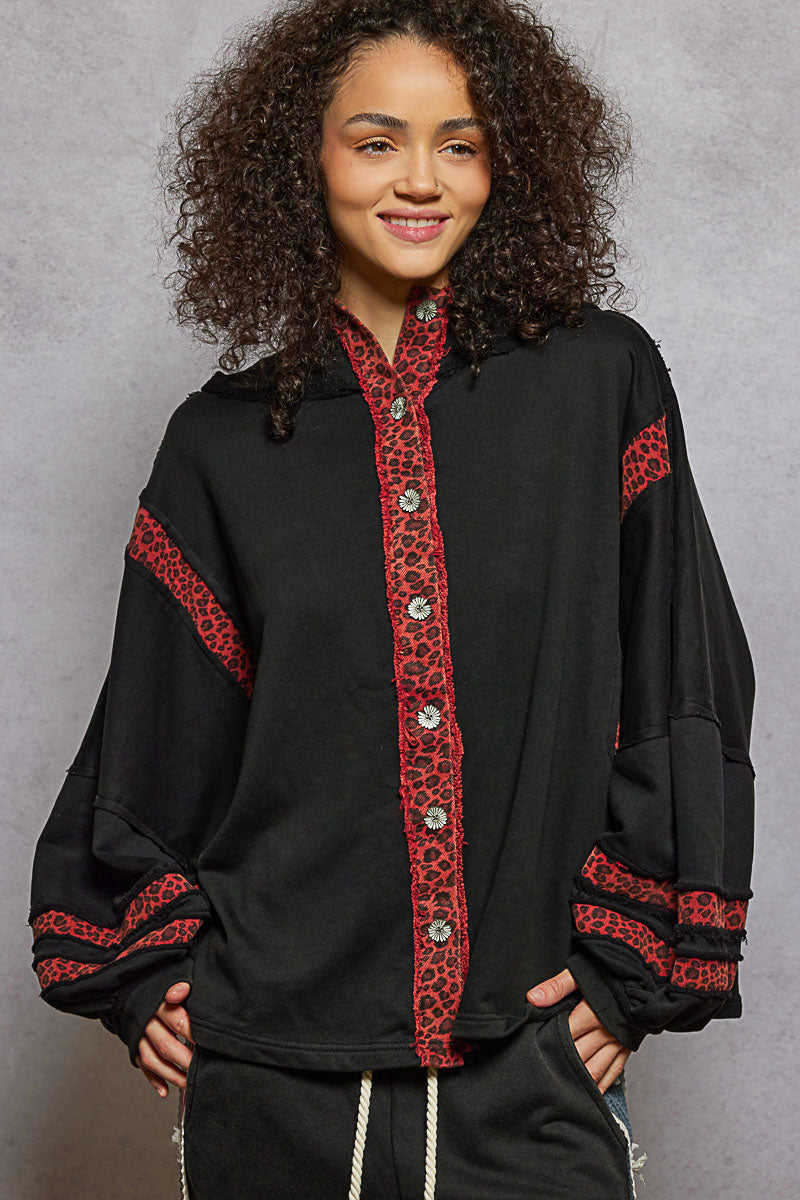 P44 POL Black Red Leopard Star Blouse