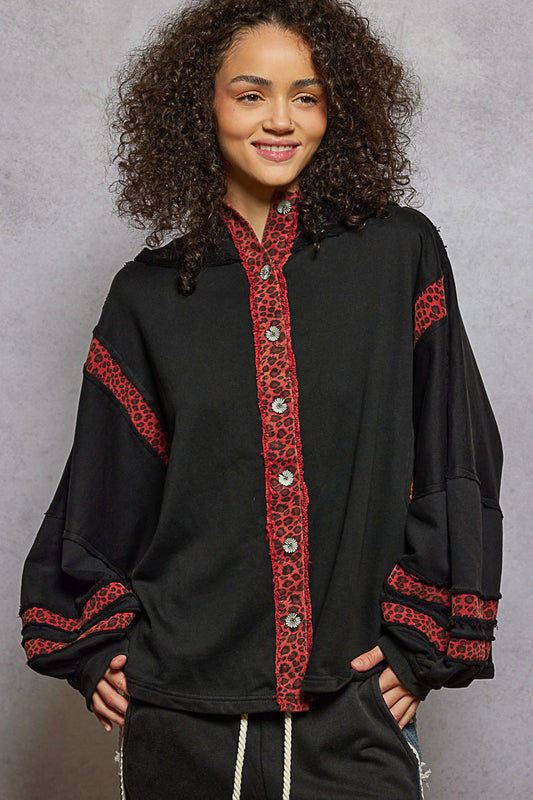 P44 POL Black Red Leopard Star Blouse