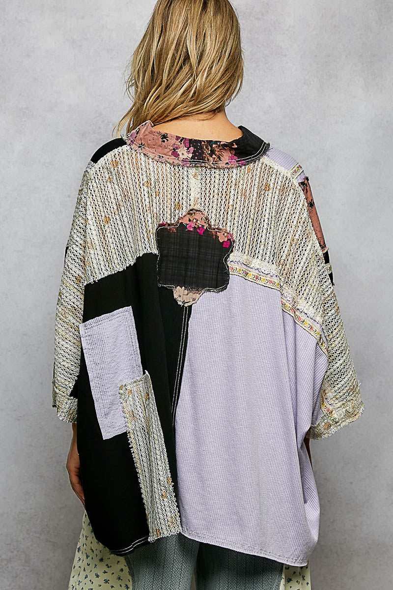 P45 POL OVESIZED POL Textured Woven, Crochet Contrast 3/4 Sleeve Button Down