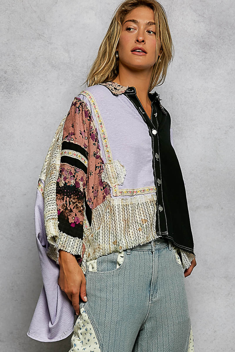 P45 POL OVESIZED POL Textured Woven, Crochet Contrast 3/4 Sleeve Button Down