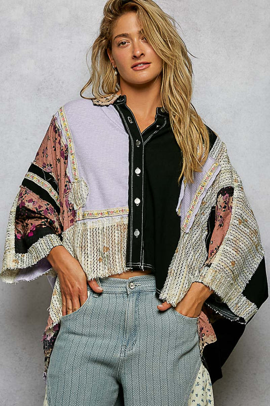 P45 POL OVESIZED POL Textured Woven, Crochet Contrast 3/4 Sleeve Button Down