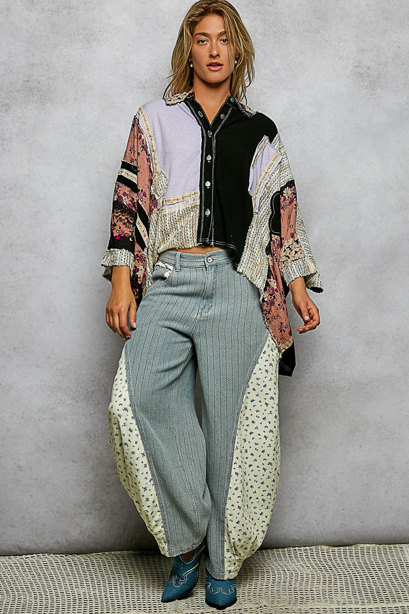 P45 POL OVESIZED POL Textured Woven, Crochet Contrast 3/4 Sleeve Button Down