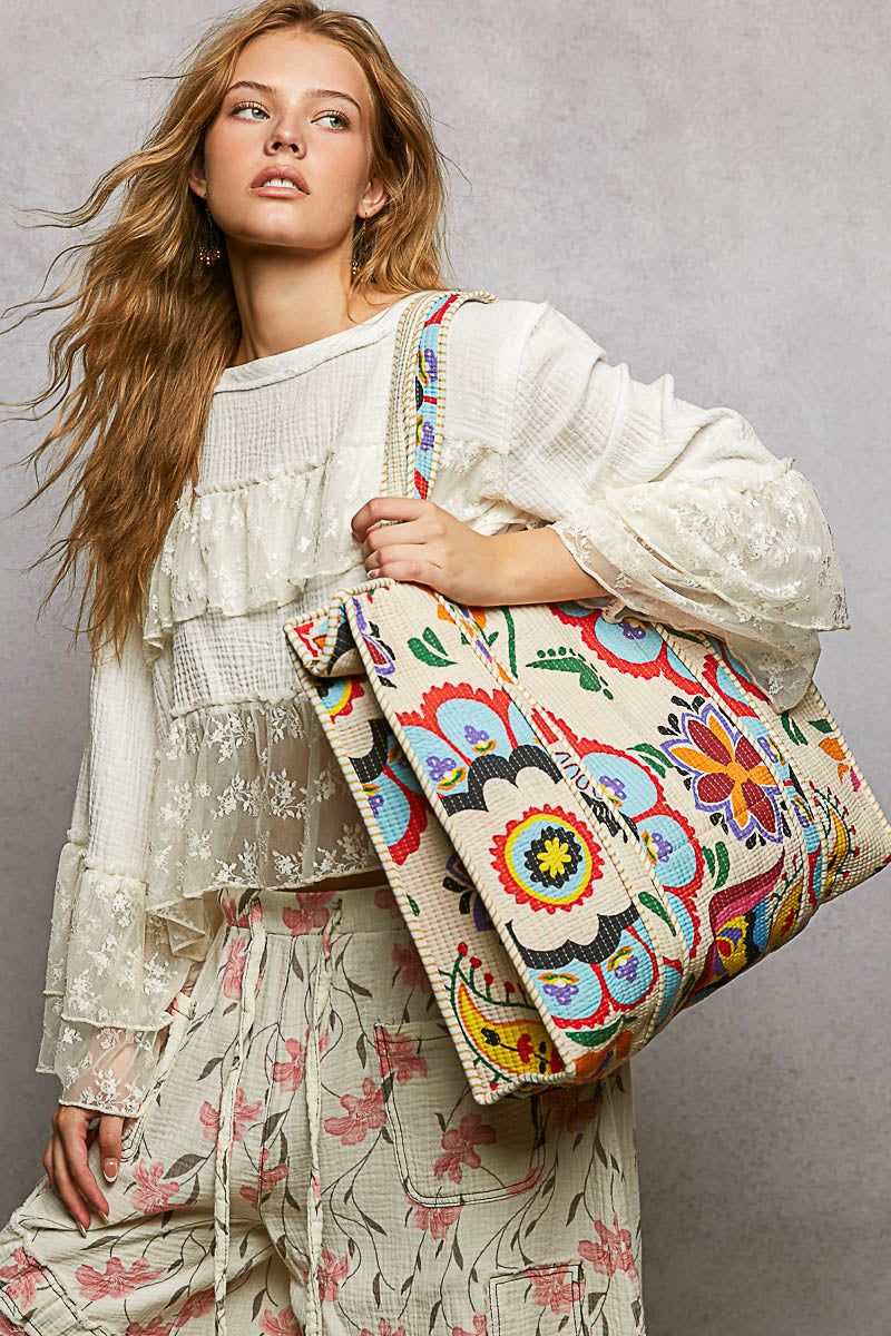 P49 POL Cream Kantha quilted patchwork floral embroidered XL boho tote bag